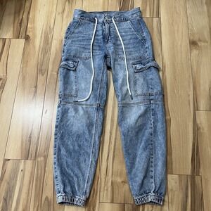 American Eagle Denim Cargo Joggers Women's Sz 0 Jeans Drawstring Relaxed Fit